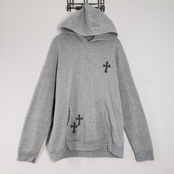 The Unbranded Brand Tops - Womens Grey Hoodie XL Cross Print Graphic Hooded Sweatshirt Pullover Trap Goth